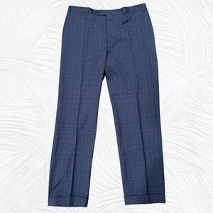 Canali Dress Pants Mens 35x31.5 Cuffed  Blue Plaid Wool Flat Front Italy Classic